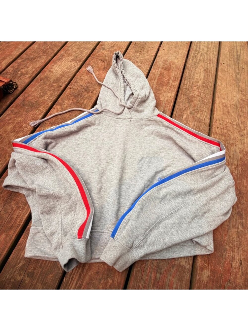 Adidas Originals Gray Hoodie With Red & Blue Striped Sleeves Trefoil Logo Medium